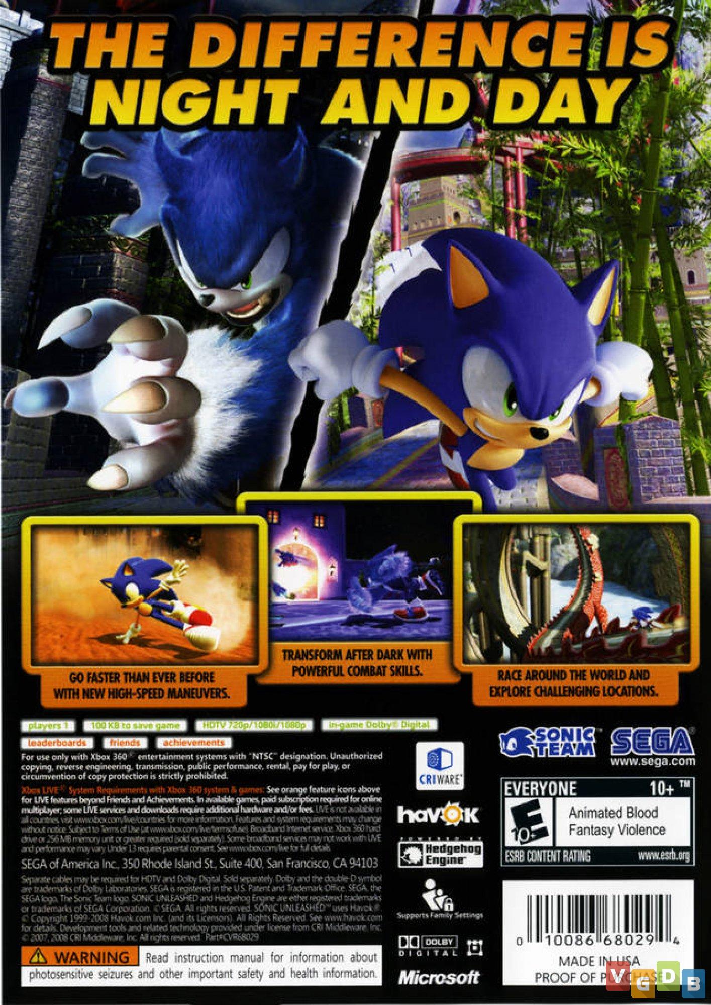 Jogos Xbox 360 transferência de Licença Mídia Digital - Sonic Unleashed