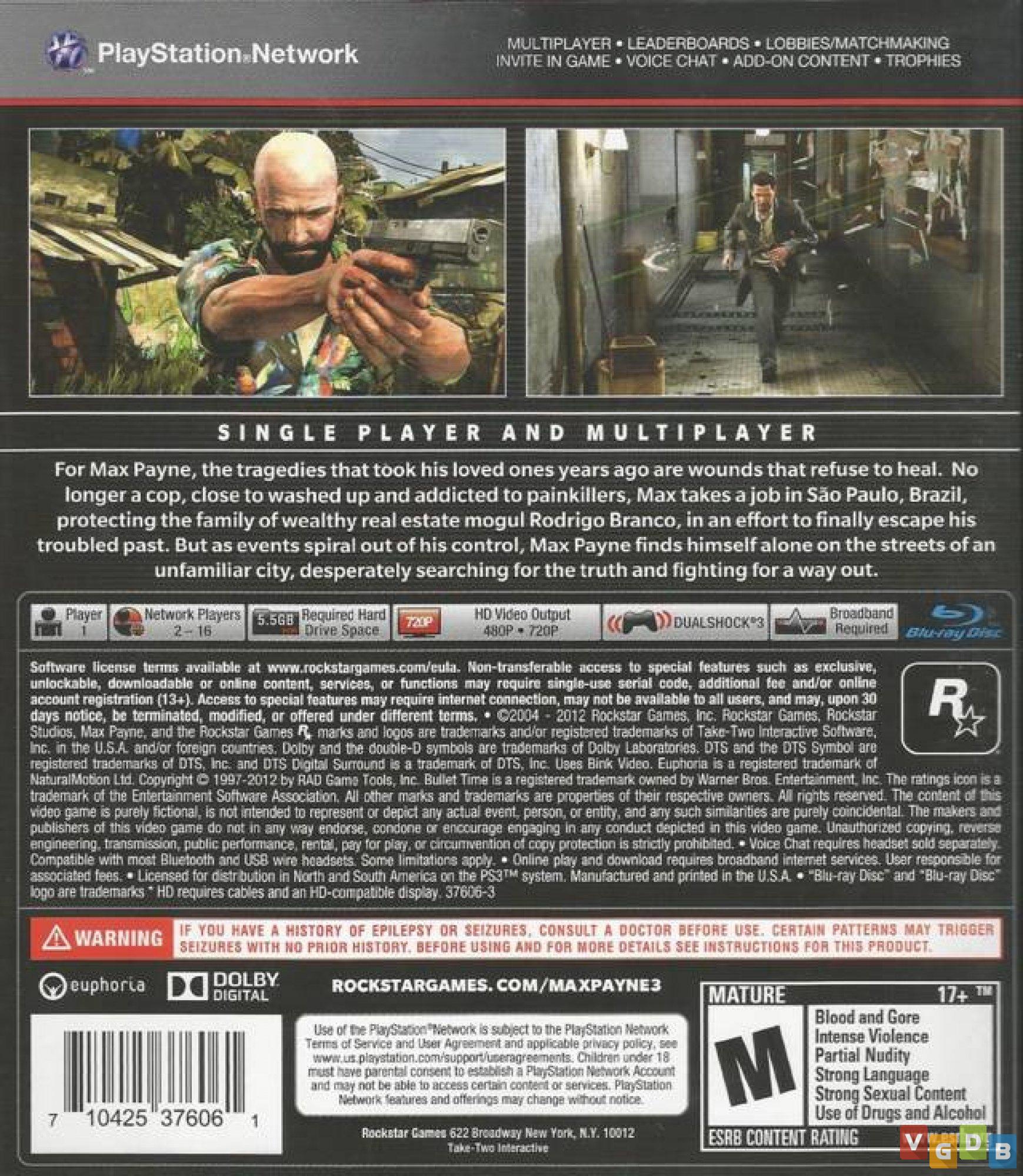 Max Payne 3 (Sony PlayStation 3, 2012) 710425376061